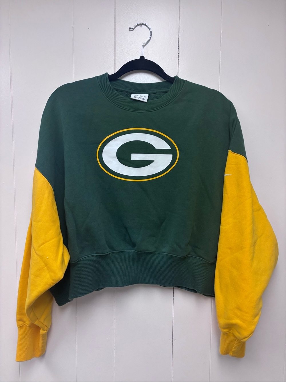 Nike Green Cropped Crewneck Sweatshirt with Yellow Sleeves